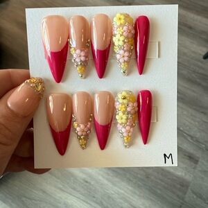Handcrafted Pink & Nude Floral Stiletto Press-On Nails